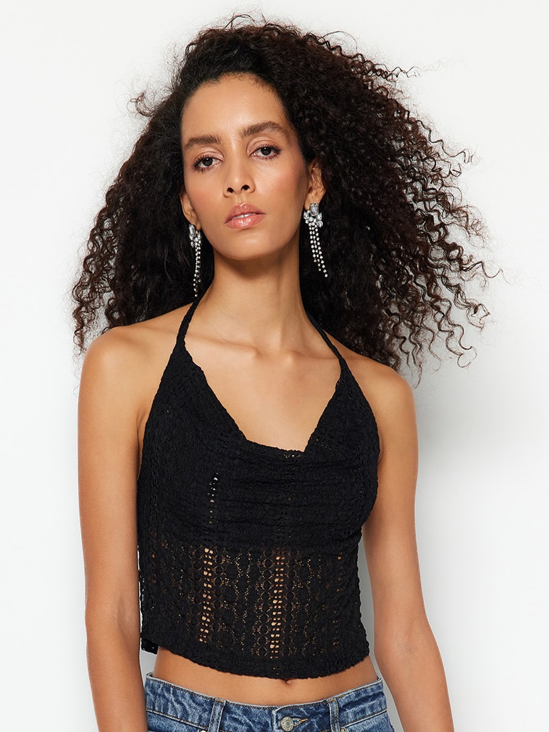 

Trendyol Halter Neck Self Design Fitted Crop Top, Black