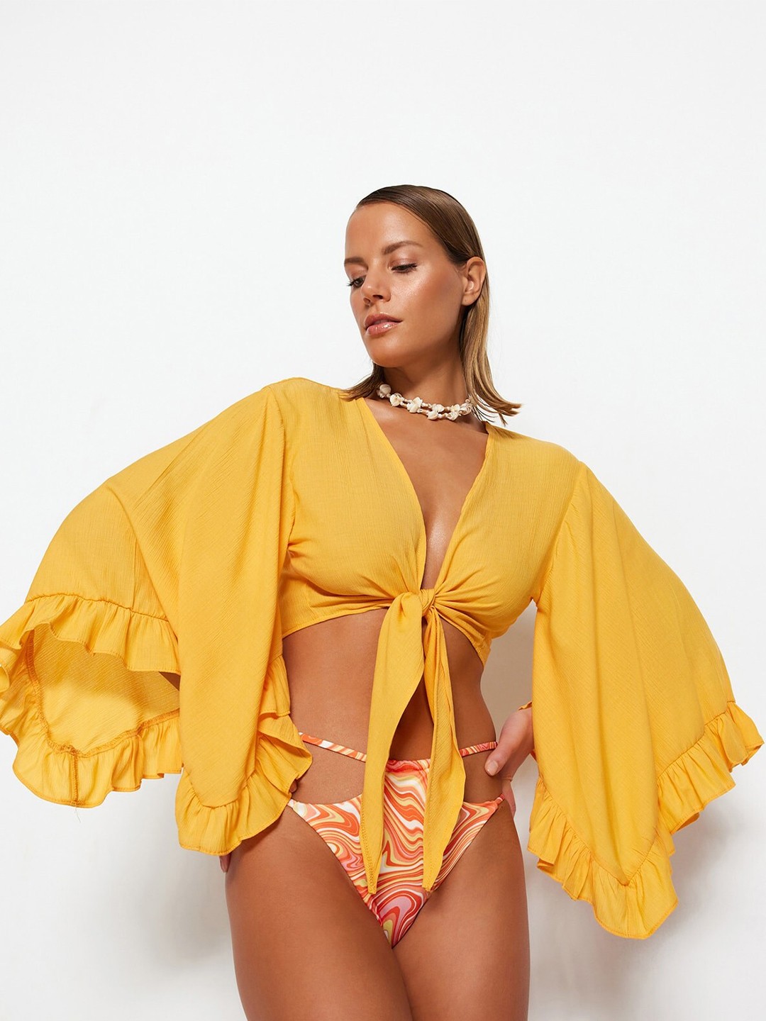 

Trendyol Flared Sleeve Cinched Waist Crop Top, Mustard