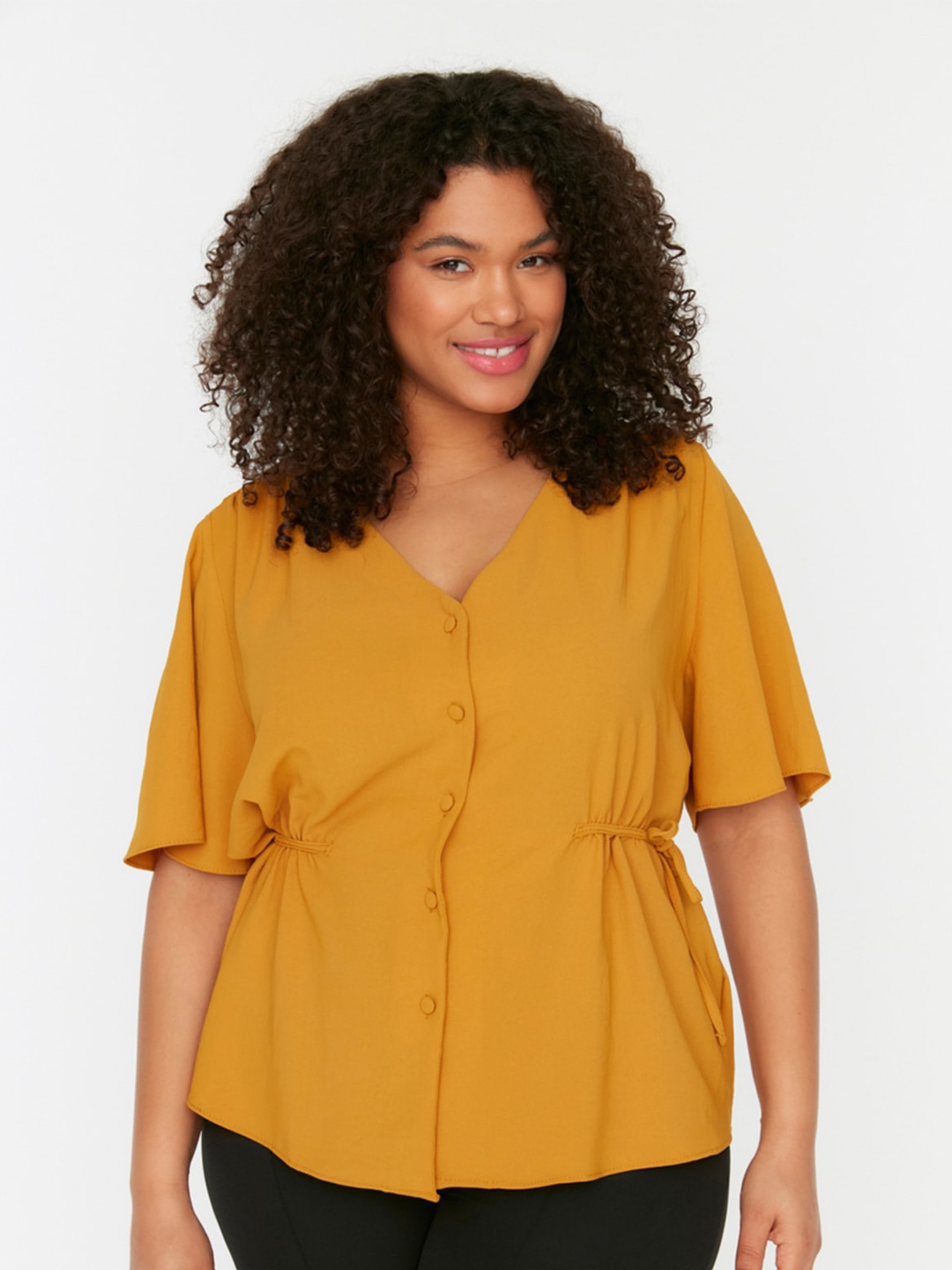 

Trendyol Flared Sleeve Tie Up Cinched Waist Top, Mustard