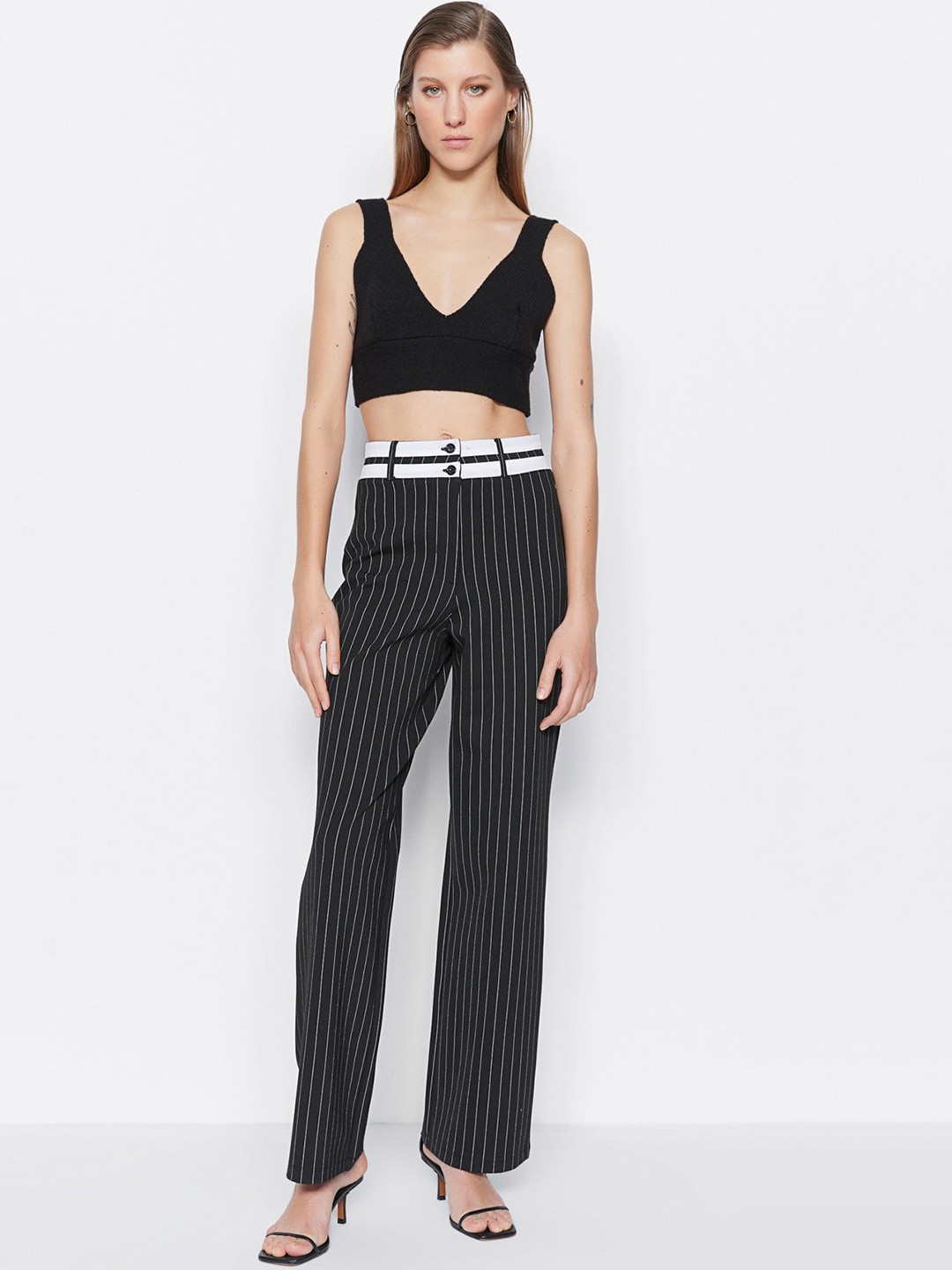 

Trendyol Women Striped Regular Fit Mid-Rise Regular Trousers, Black