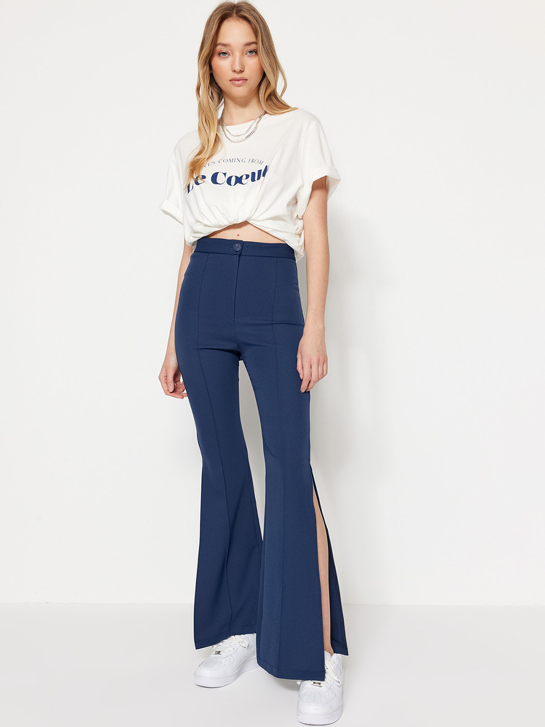 

Trendyol Women Regular Fit Mid-Rise Bootcut Trousers, Blue