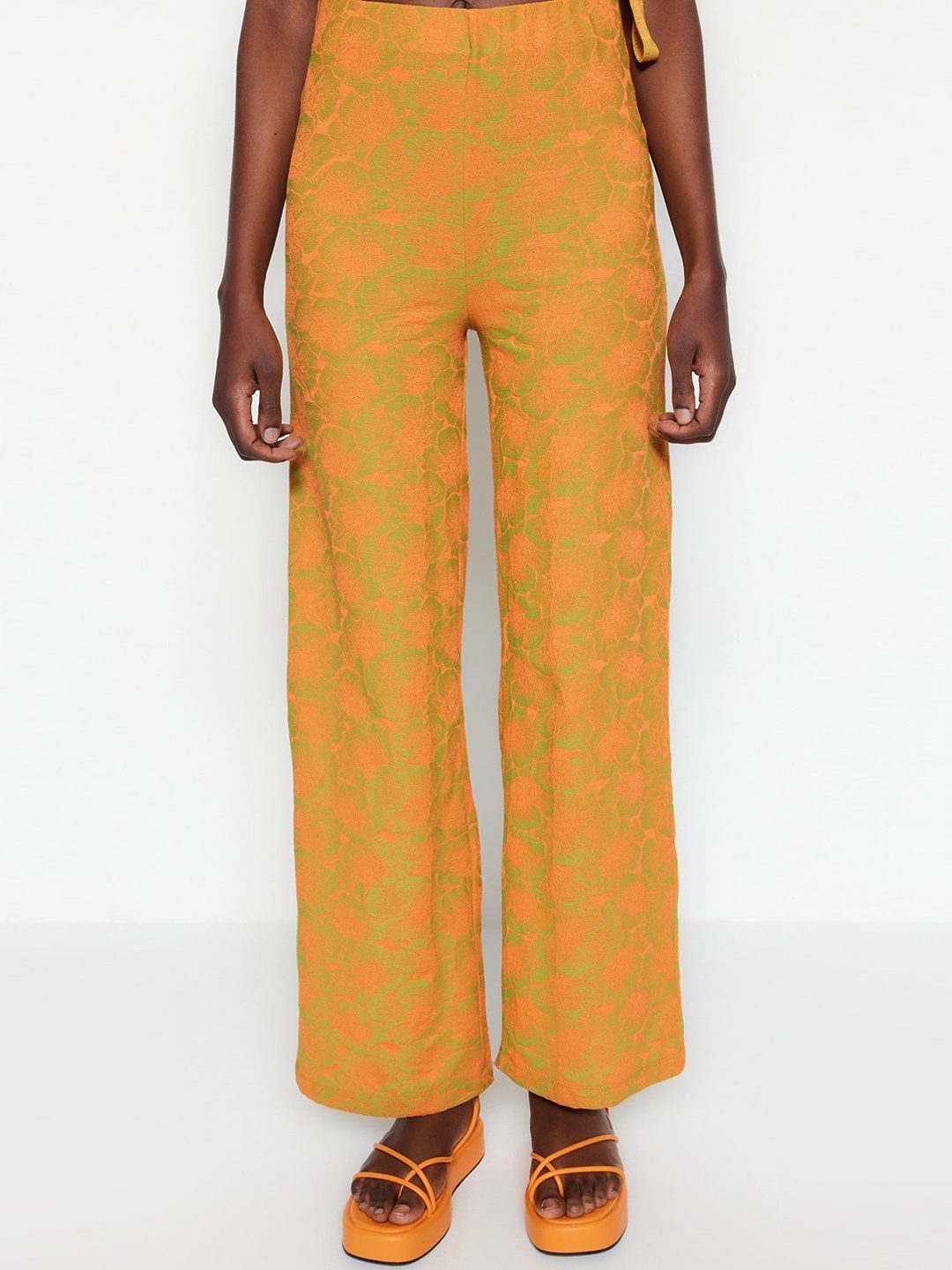

Trendyol Women Floral Printed Mid-Rise Parallel Trousers, Orange