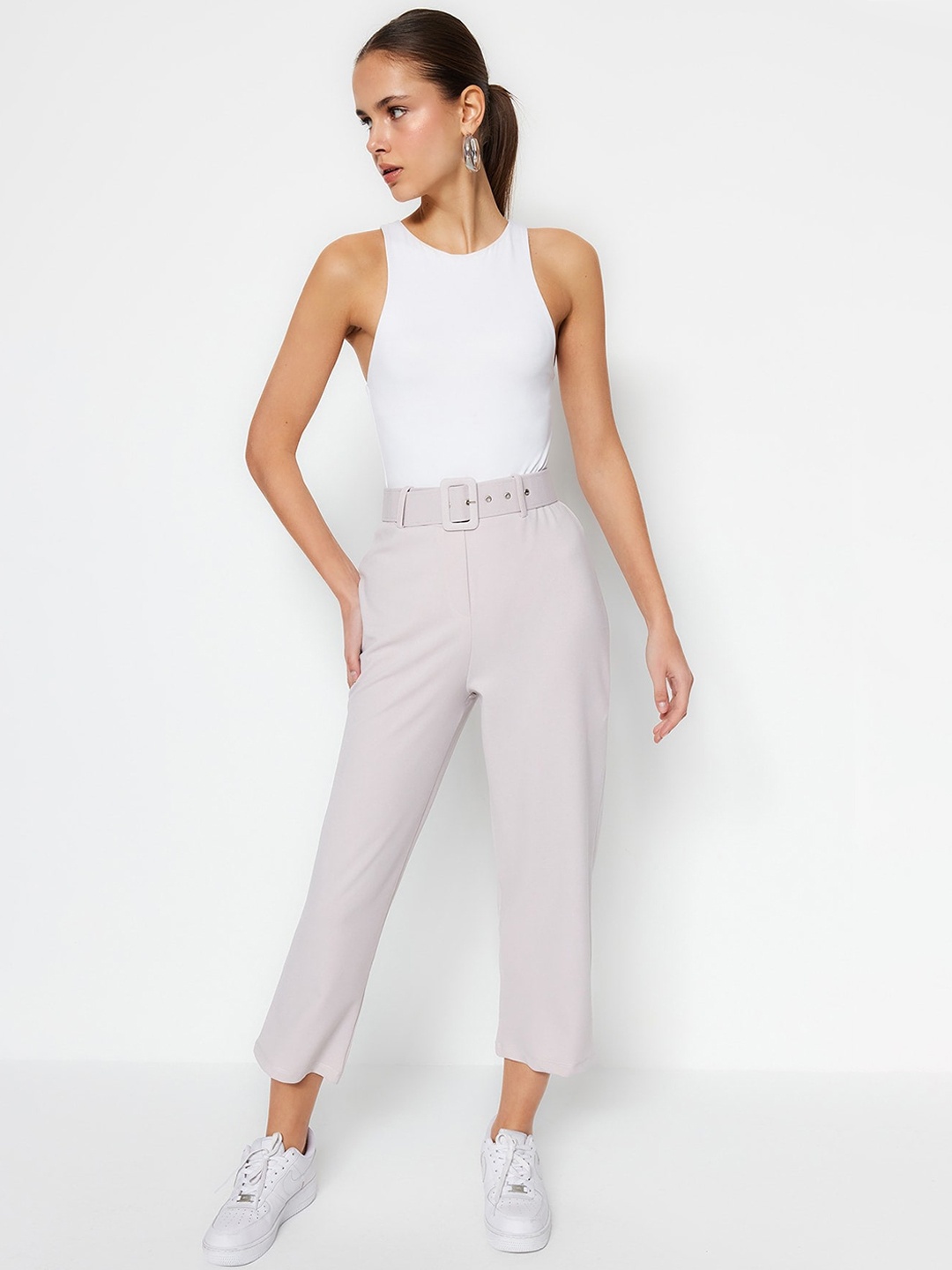 

Trendyol Women Regular Fit Mid-Rise Parallel Trousers, Off white