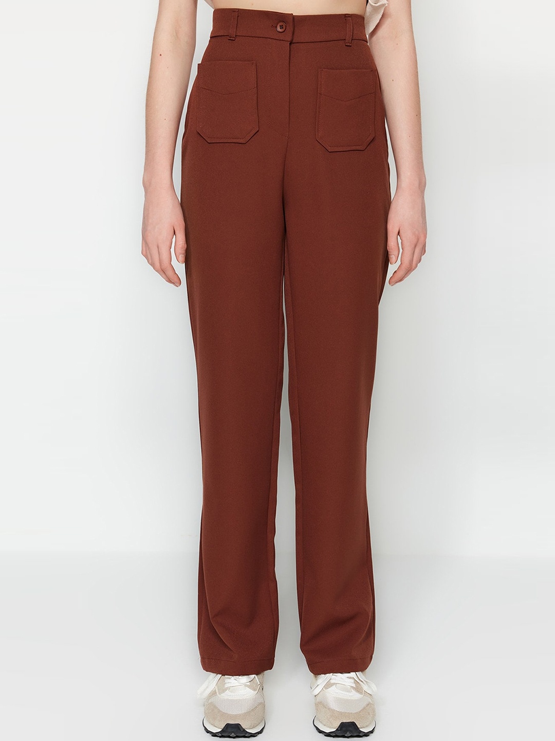 

Trendyol Women Straight Fit High-Rise Parallel Trousers, Brown