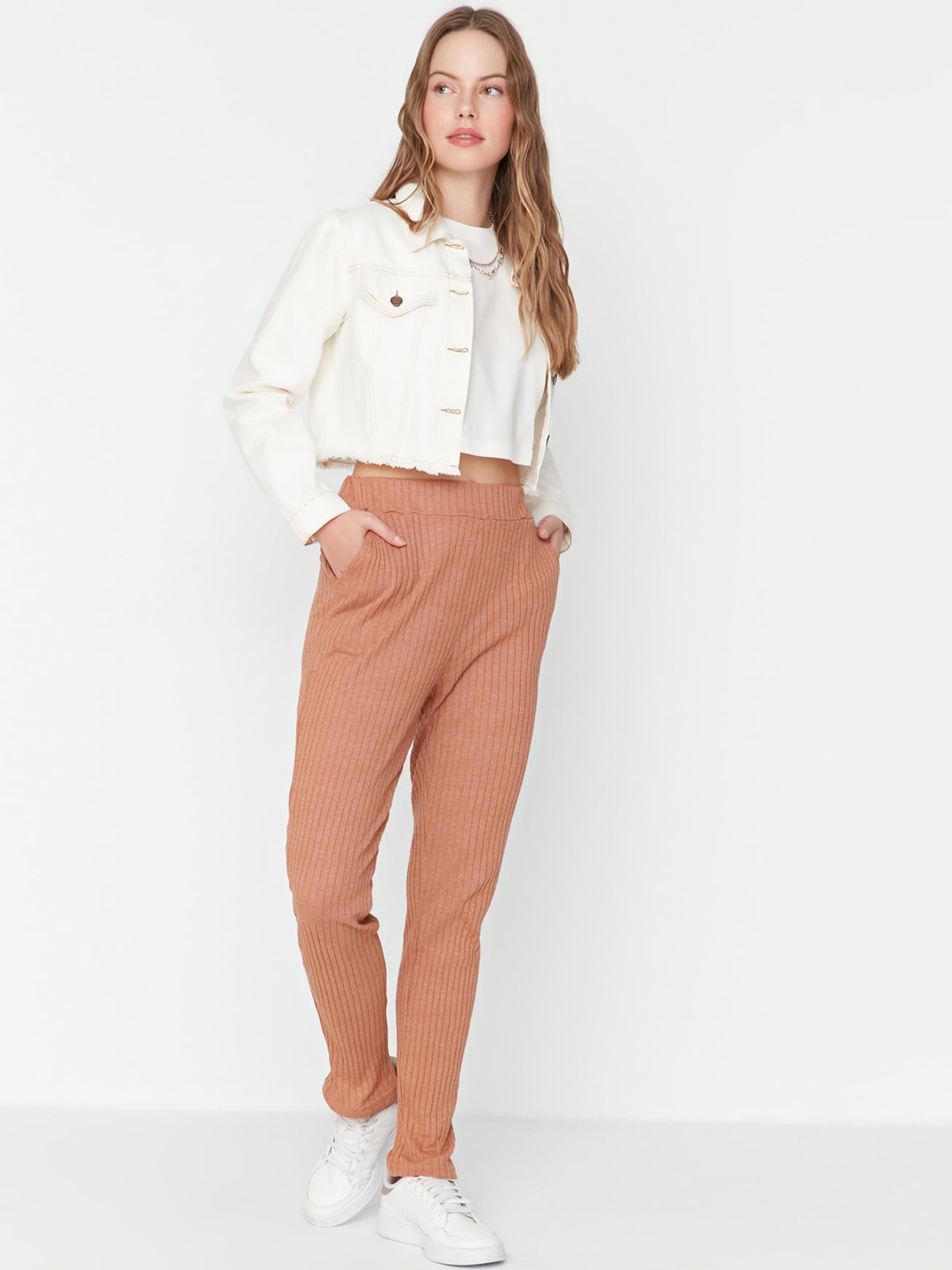 

Trendyol Women Striped Mid Rise Plain Regular Trousers, Camel brown