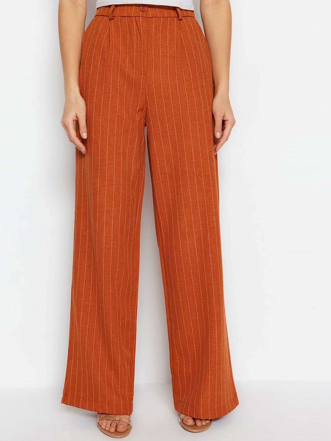 

Trendyol Women Striped Mid Rise Pleated Plain Parallel Trousers, Camel brown