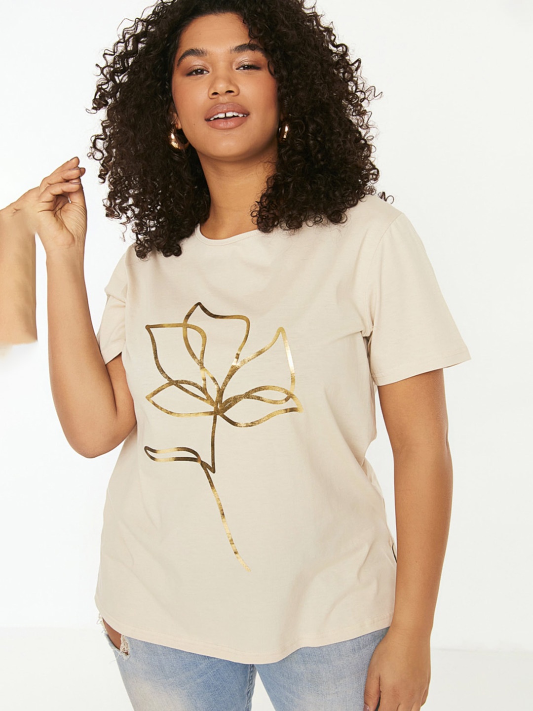 

Trendyol Floral Printed Round Neck Pure Cotton T-shirt, Beige