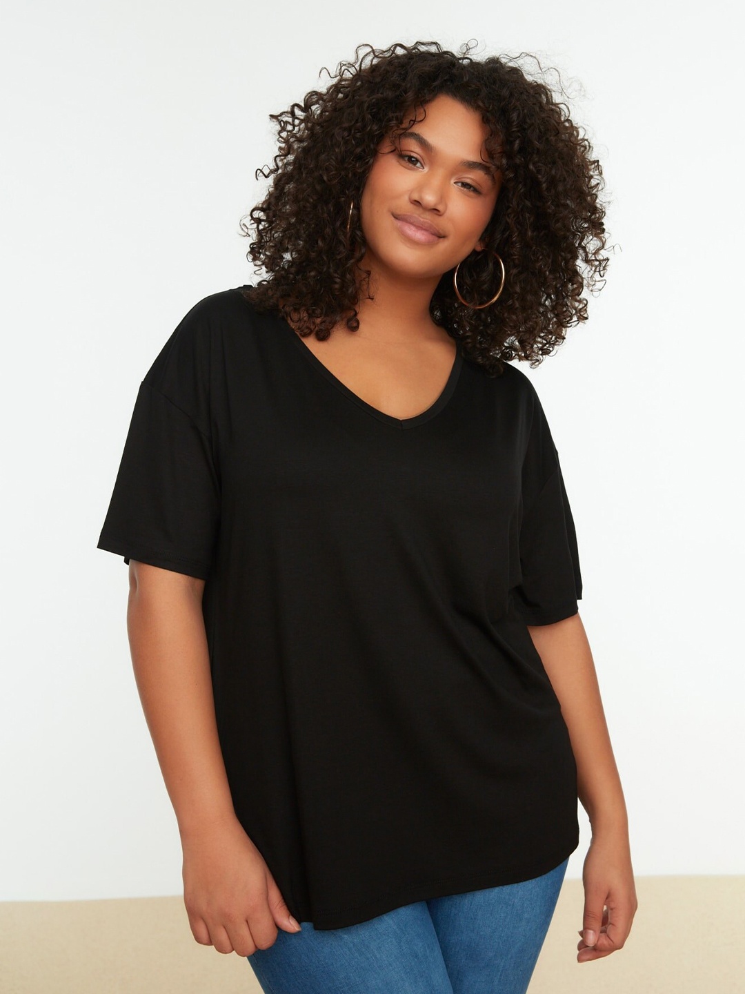 

Trendyol V-Neck Drop Shoulder Sleeves Longline Top, Black