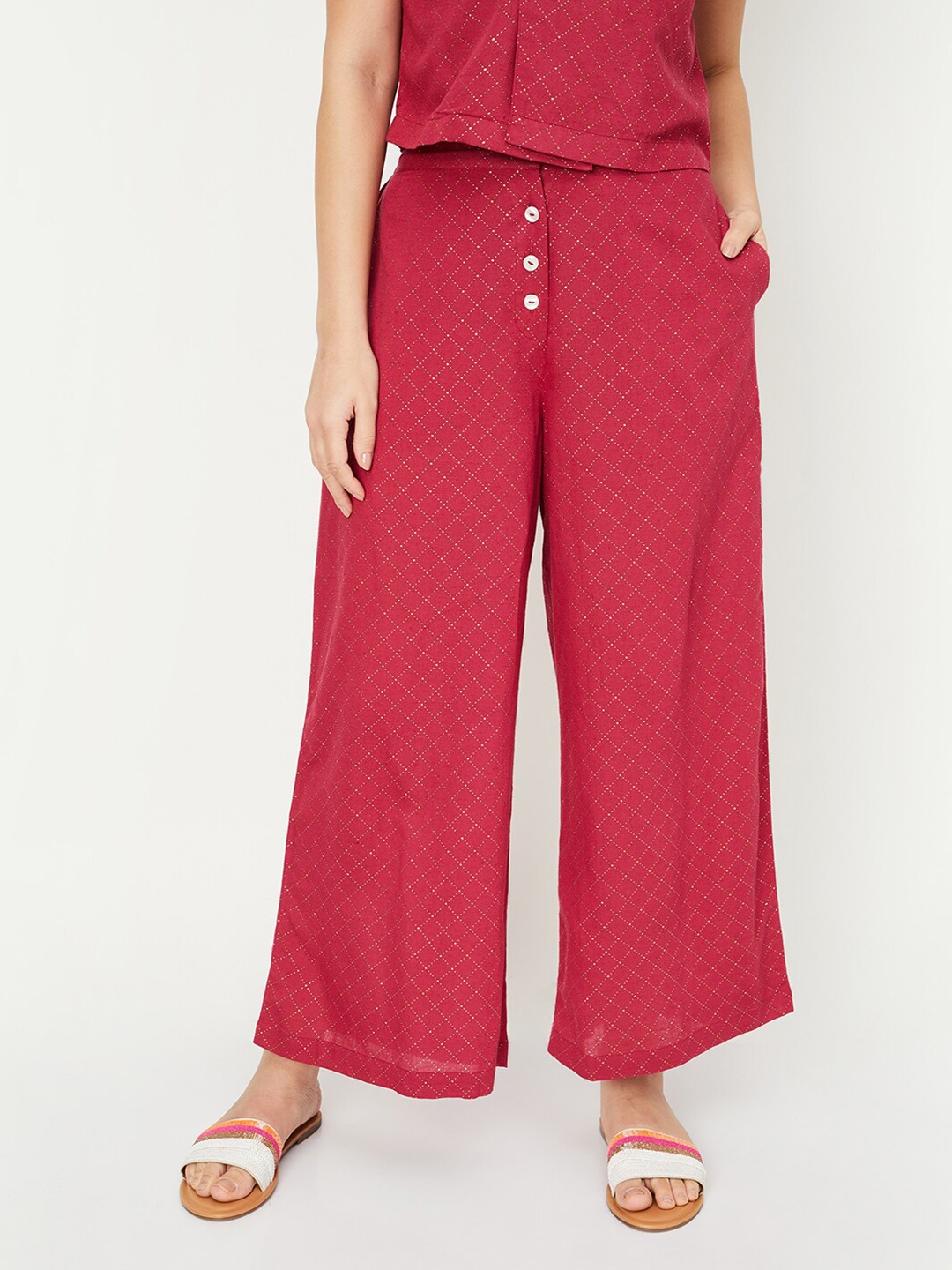 

max Women Checked Wide Leg Palazzos, Red