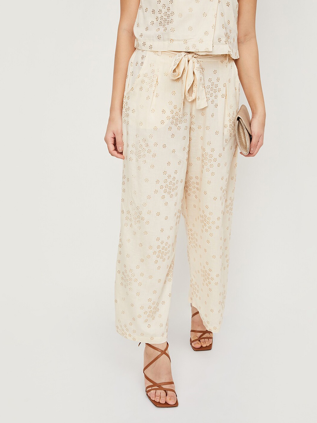 

max Women Floral Embellished Straight Palazzos, Beige