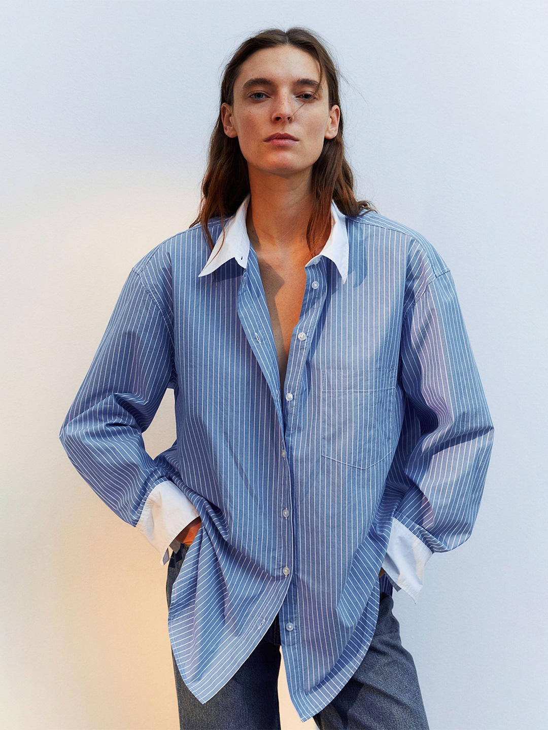 

H&M Pure Cotton Oversized Poplin Shirt, Blue