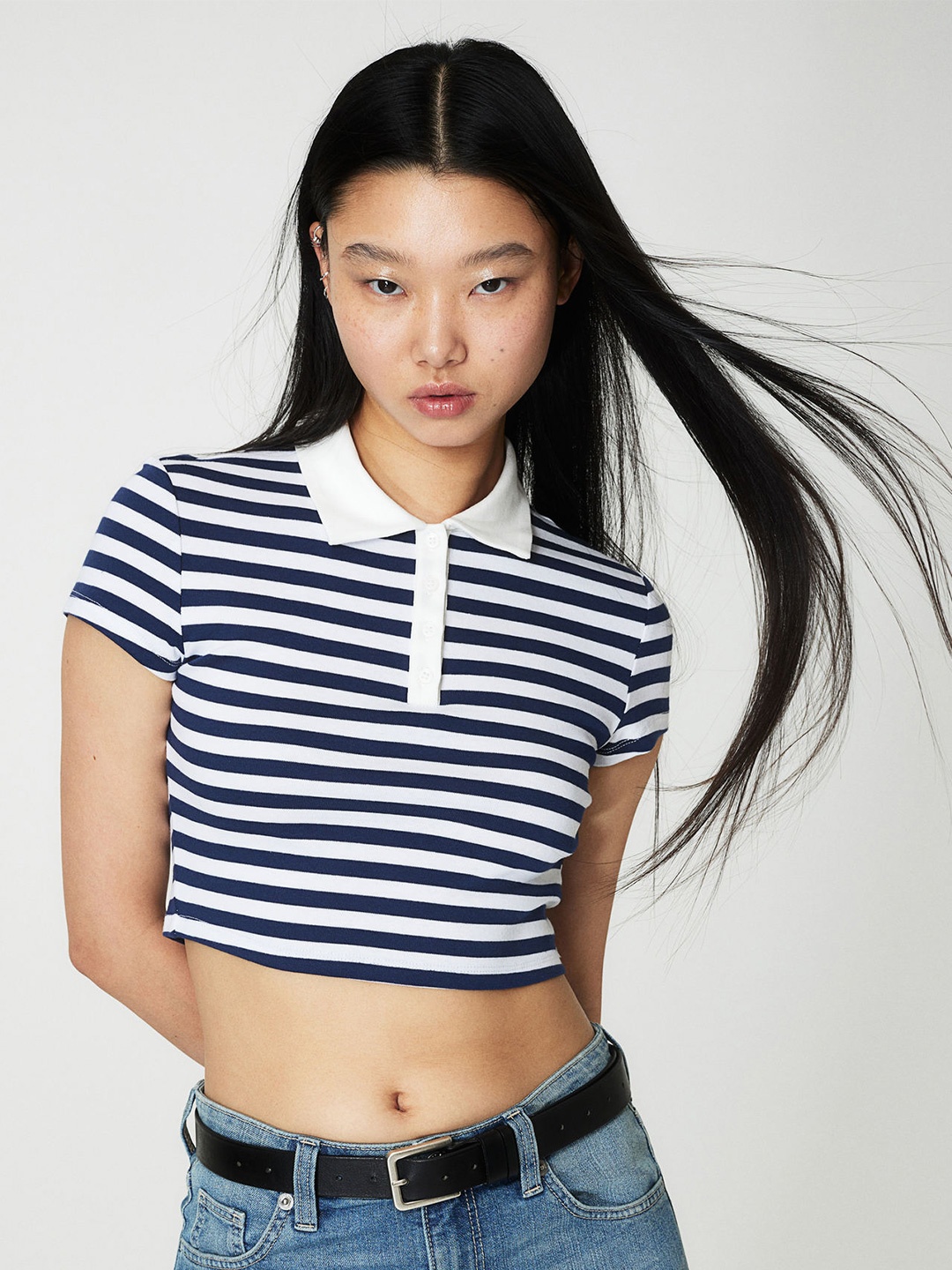 

H&M Pure Cotton Cropped Polo Shirt, Blue