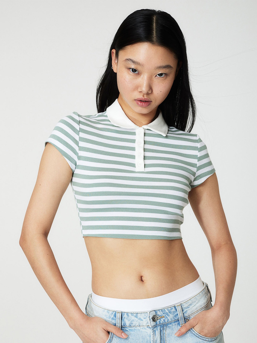 

H&M Pure Cotton Cropped Polo Shirt, Green