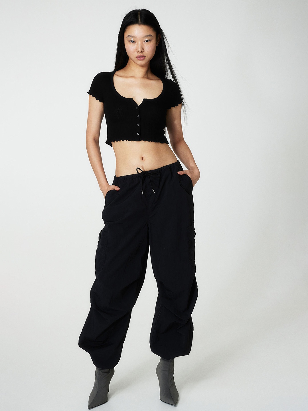 

H&M Button-Front Pointelle Jersey Top, Black