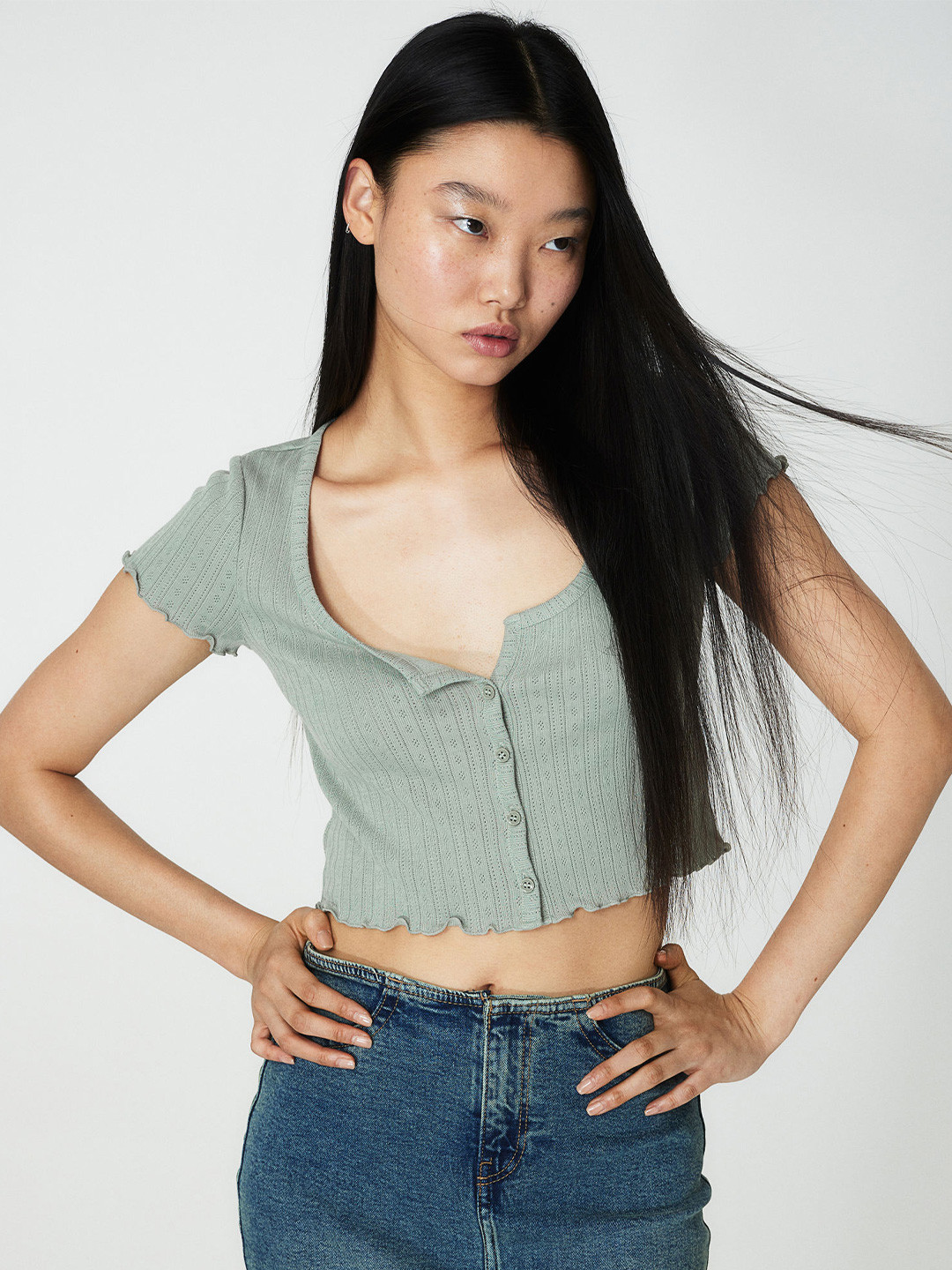 

H&M Button-Front Pointelle Jersey Top, Green