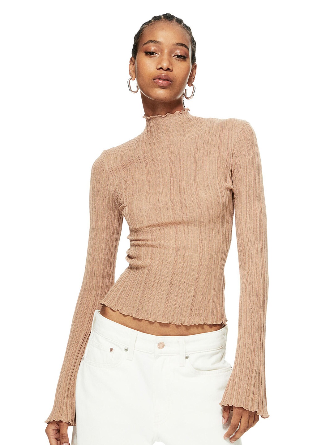 

H&M Rib-Knit Turtleneck Top, Beige