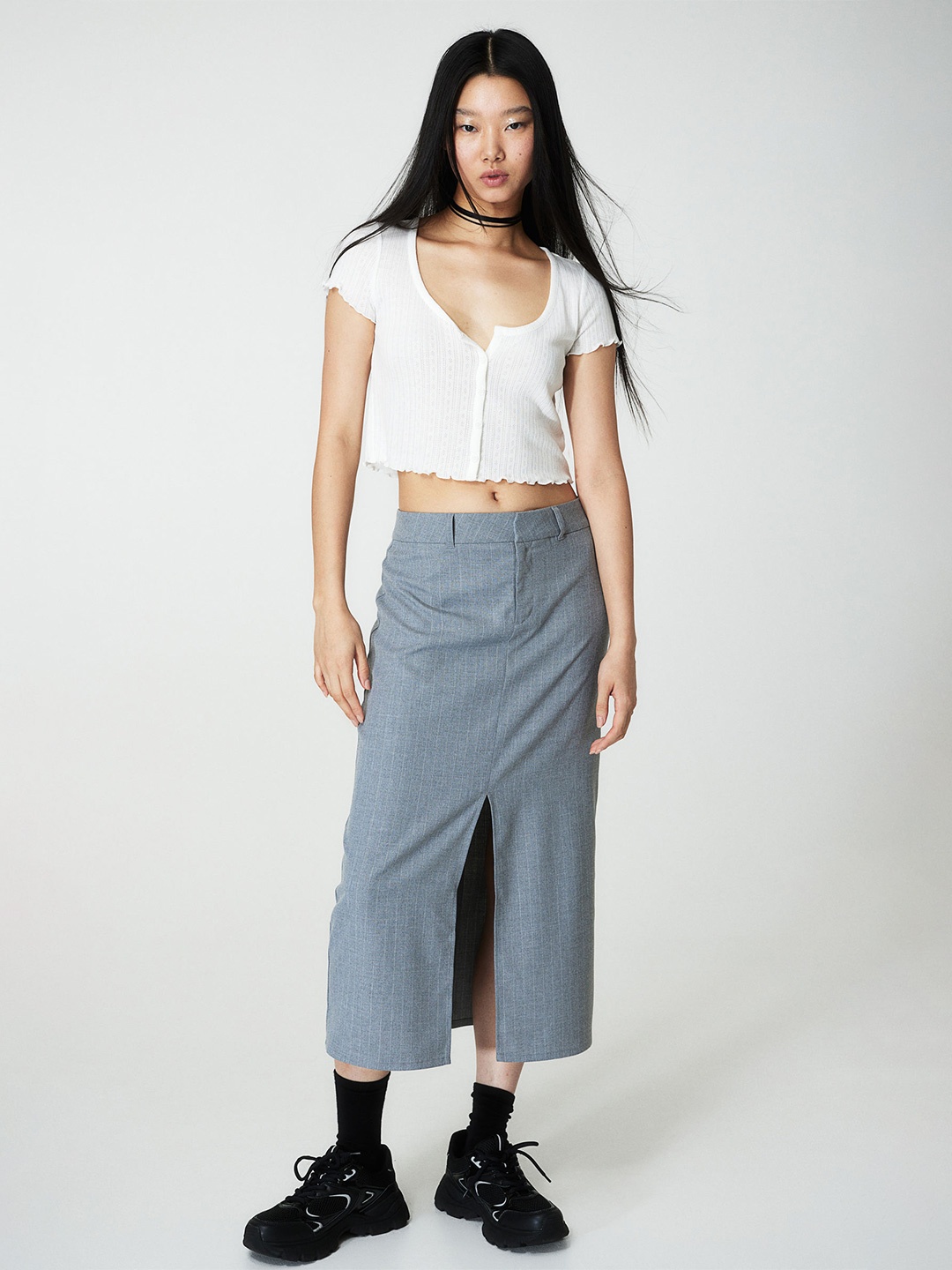 

H&M Button-Front Pointelle Jersey Top, White