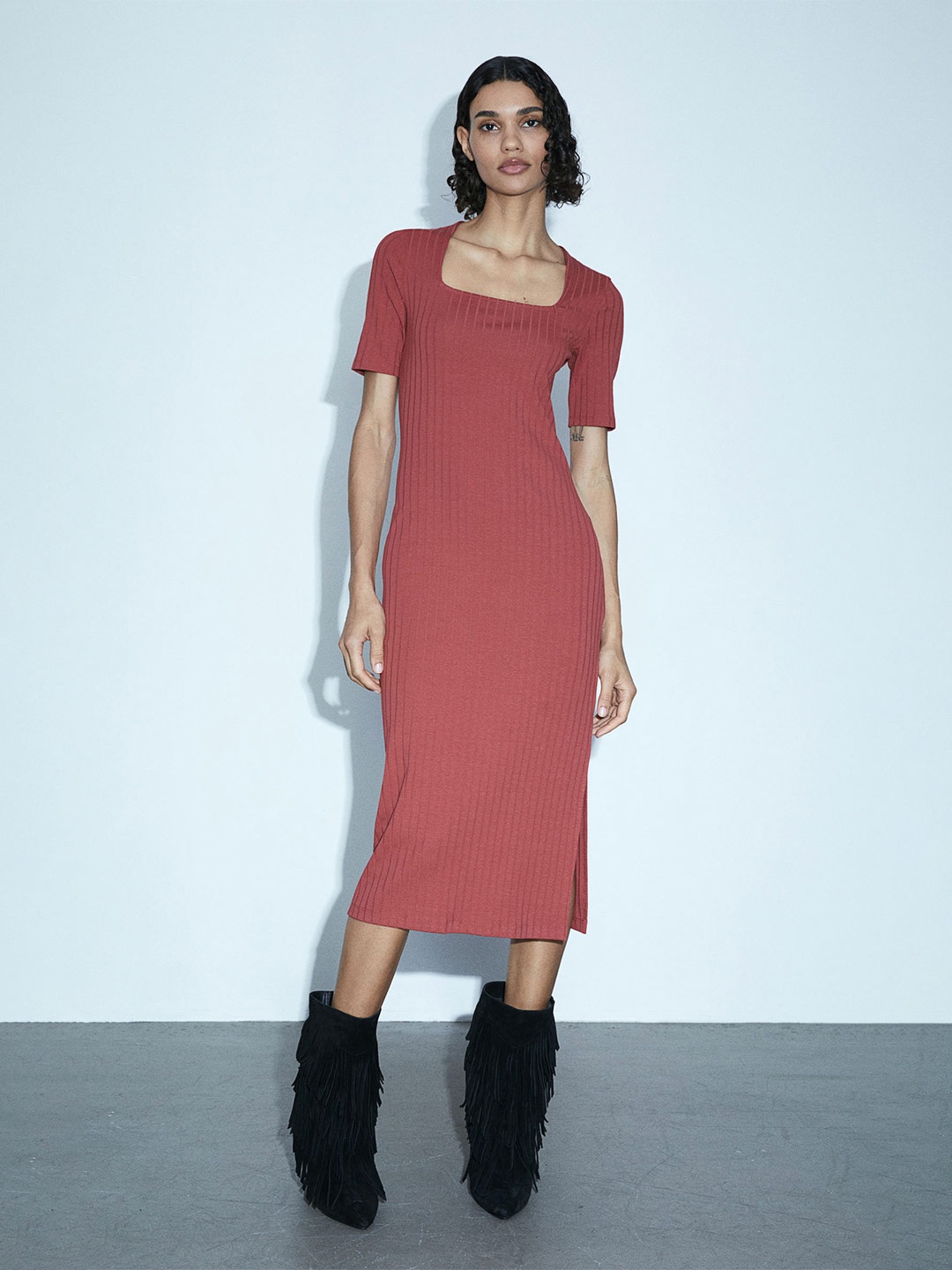 

H&M Square-Neck Bodycon Dress, Red