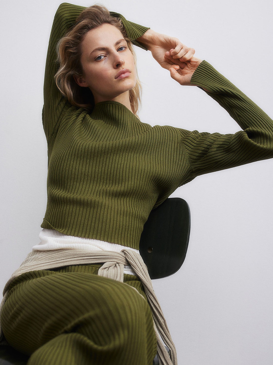 

H&M Rib-Knit Cropped Top, Green