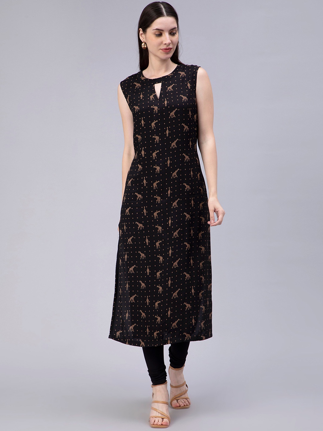 

ENTELLUS Conversational Printed Keyhole Neck Cotton Kurta, Black