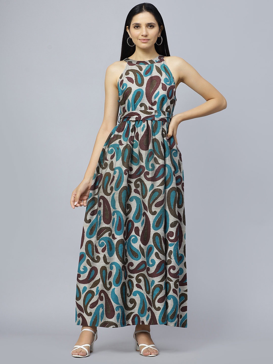 

ENTELLUS Ethnic Motifs Printed Cotton Maxi Dress, Green