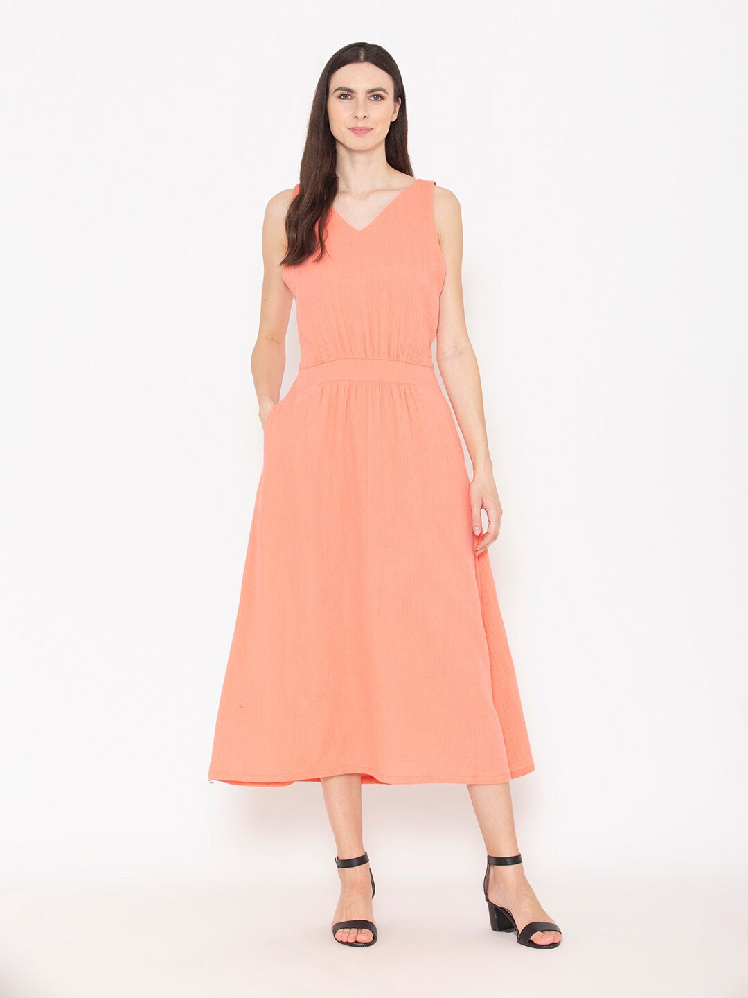 

ENTELLUS V-Neck Gathered Detail A-Line Dress, Pink