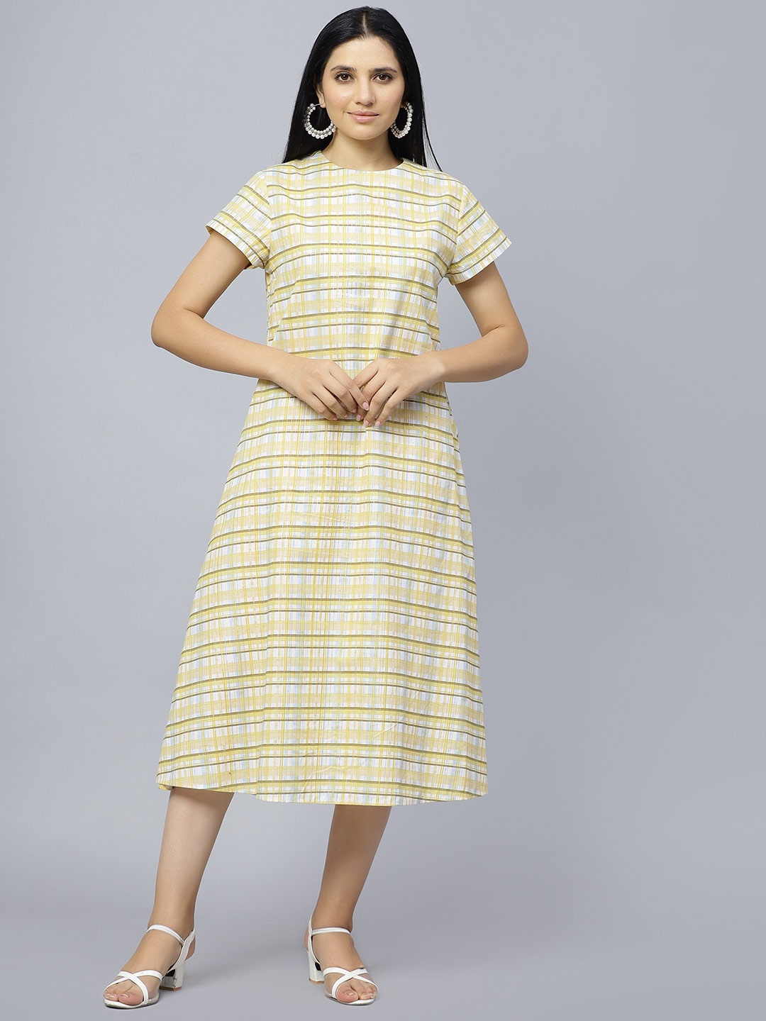 

ENTELLUS Checked Round Neck Cotton A-Line Midi Dress, Yellow