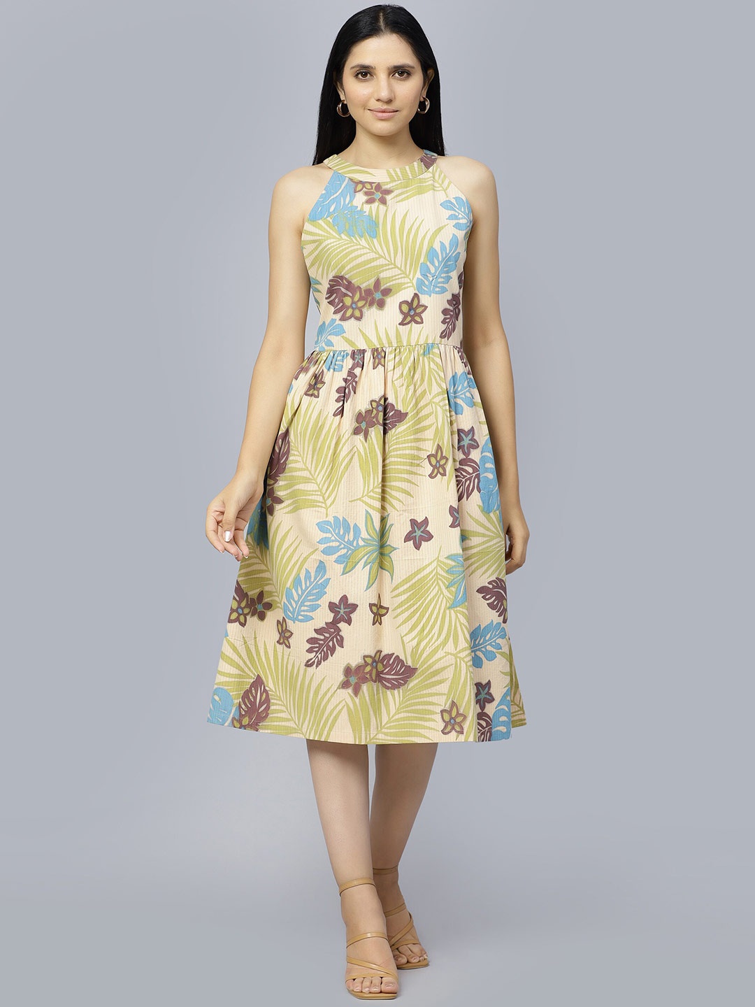 

ENTELLUS Floral Printed Fit & Flare Cotton Midi Dress, Yellow