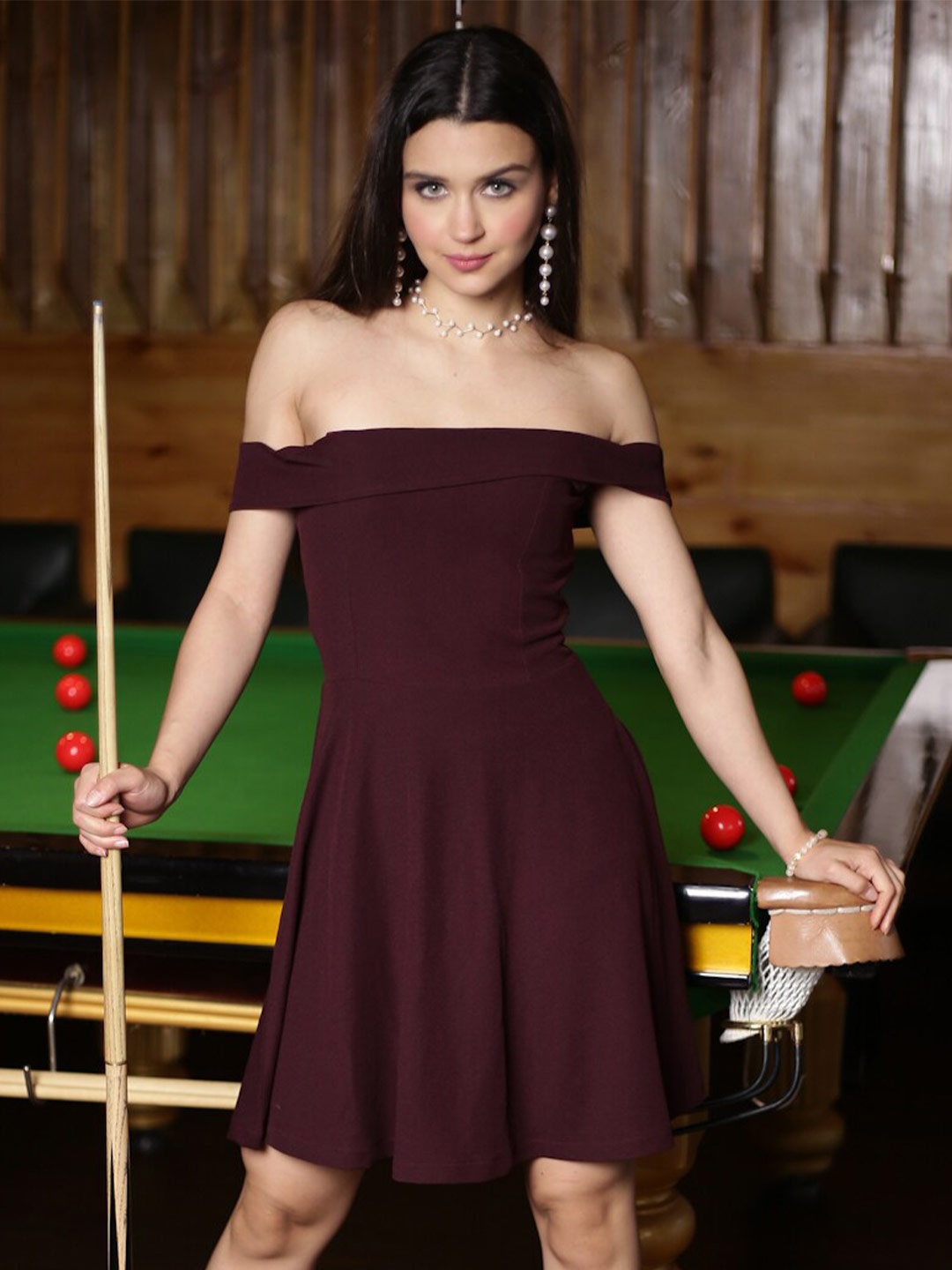 

Sera Maroon Off-Shoulder Scuba A-Line Dress