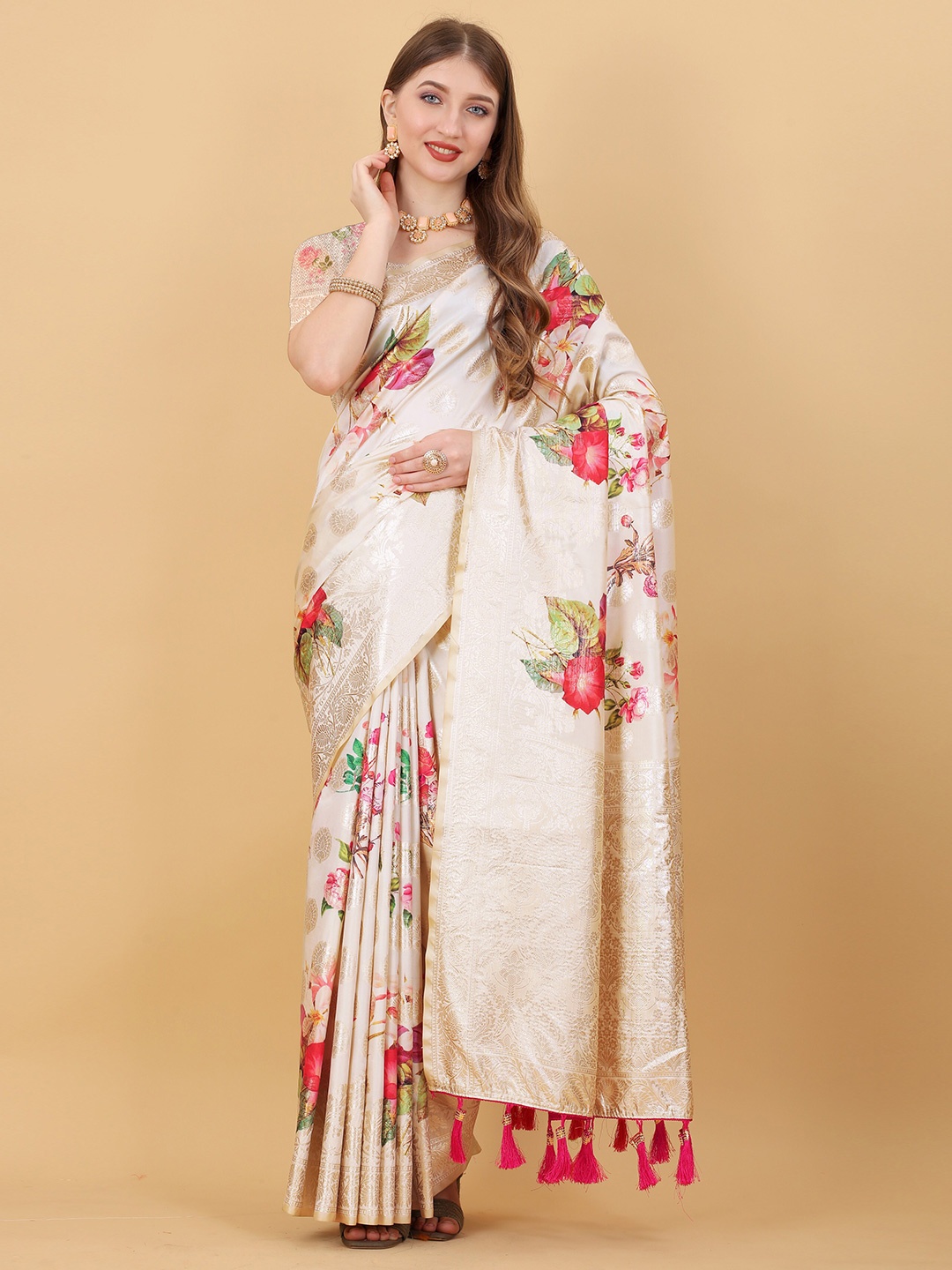 

Ekta Textiles Ethnic Motifs Woven Design Zari Pure Silk Banarasi Saree, Cream