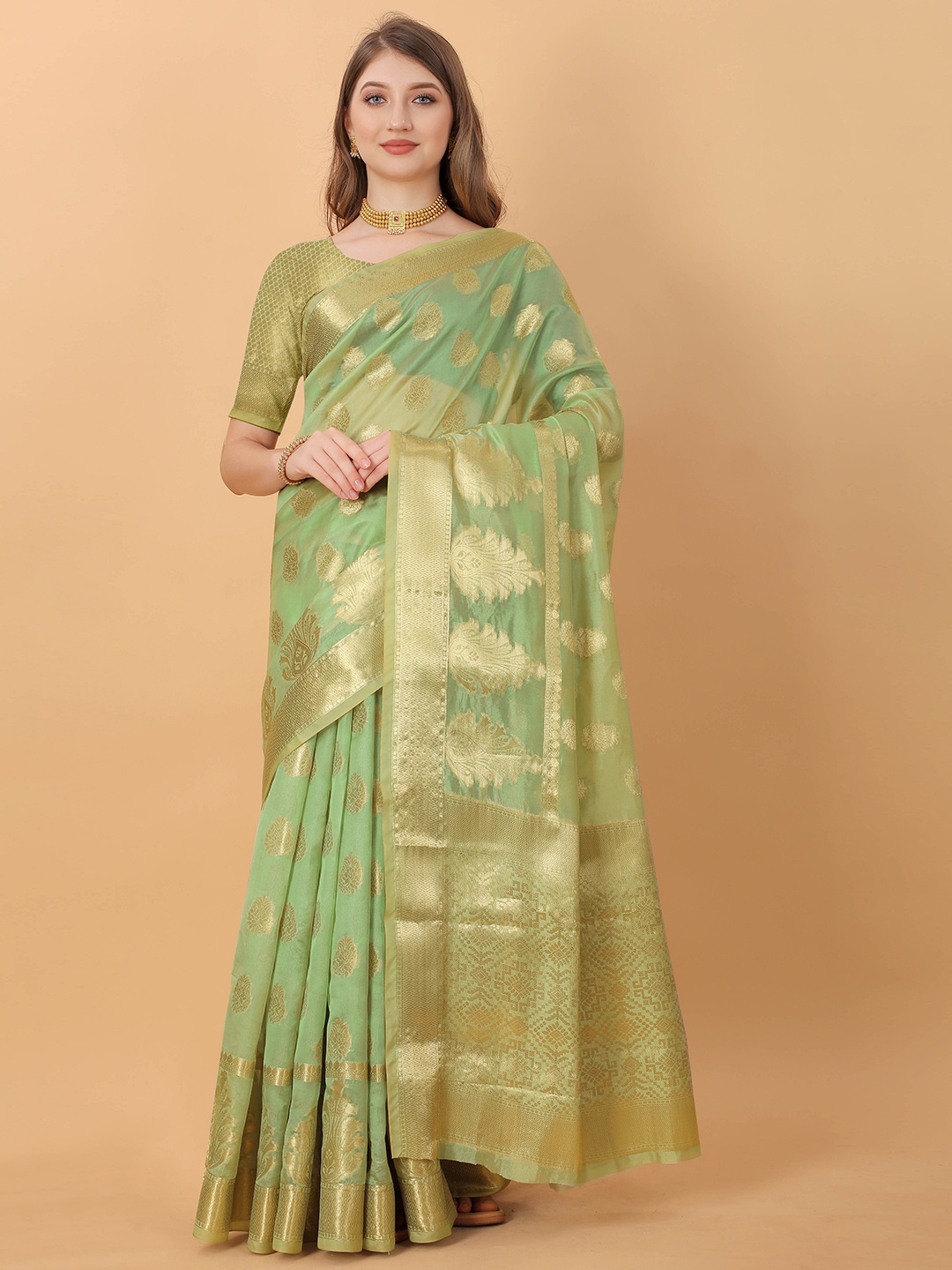 

Ekta Textiles Ethnic Motifs Woven Design Zari Pure Silk Banarasi Saree, Green