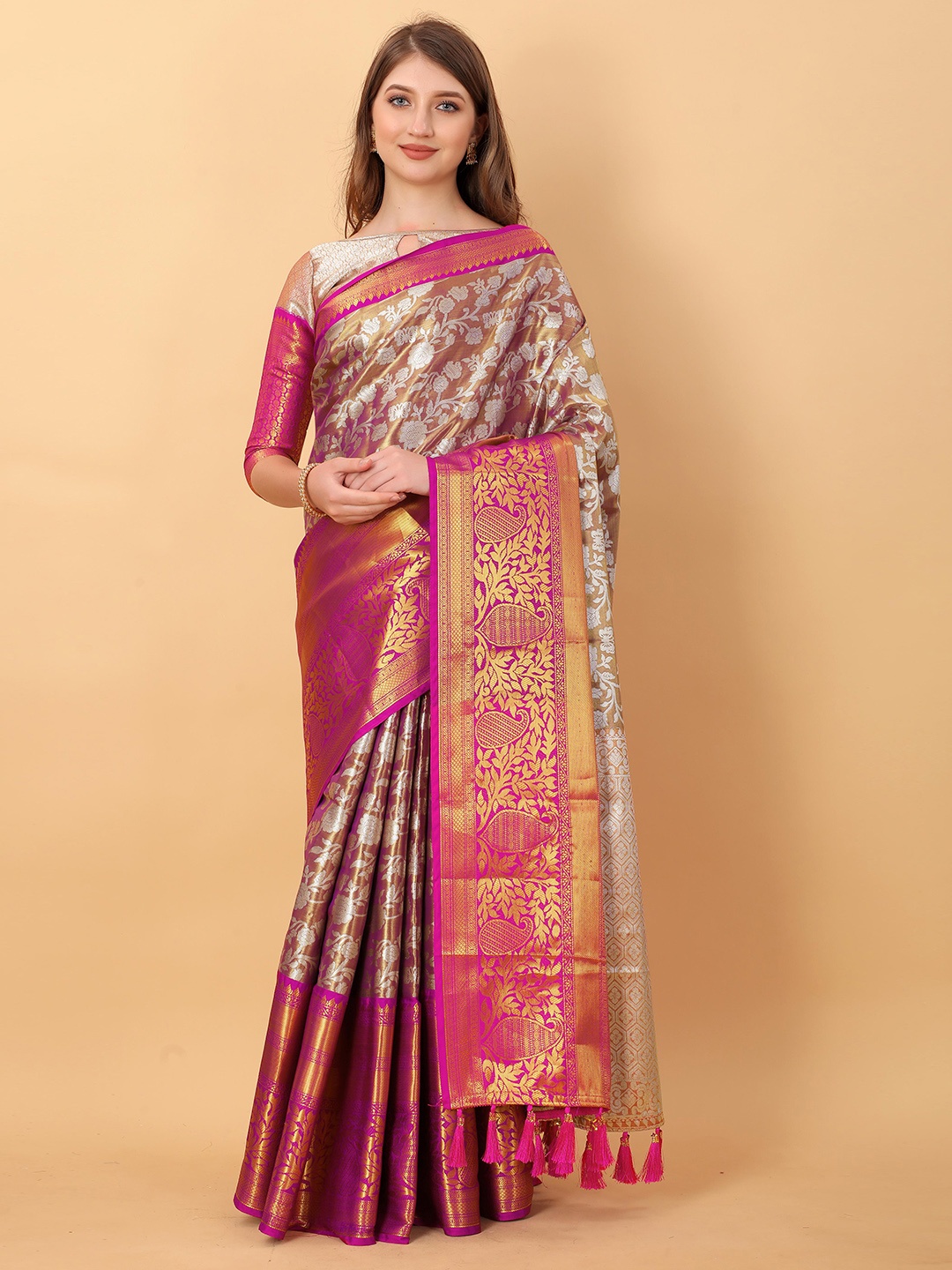

Ekta Textiles Woven Design Zari Pure Silk Kanjeevaram Saree, Magenta