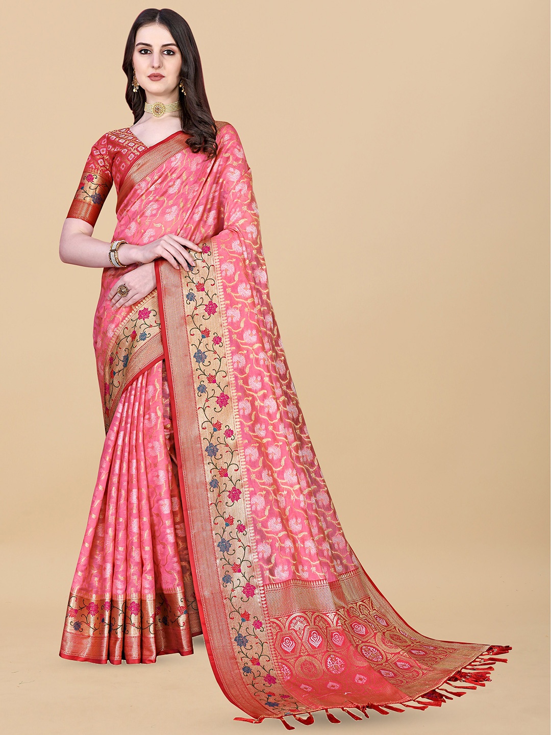 

Ekta Textiles Floral Woven Design Zari Pure Silk Banarasi Saree, Pink