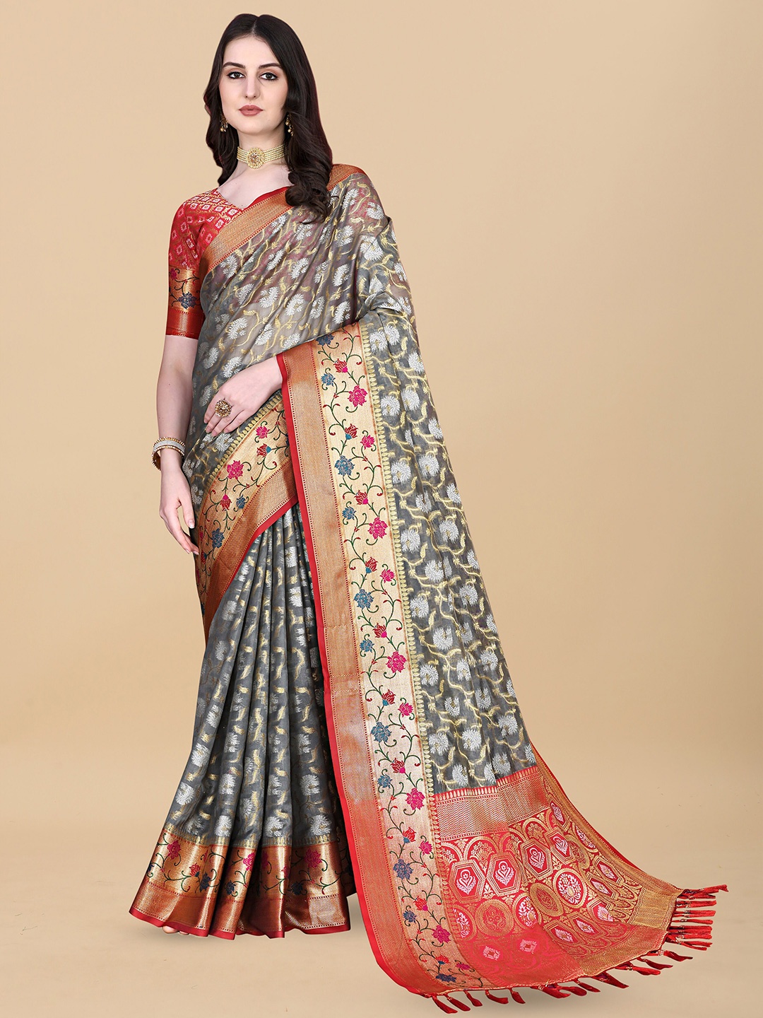 

Ekta Textiles Ethnic Motifs Woven Design Zari Pure Silk Banarasi Saree, Grey