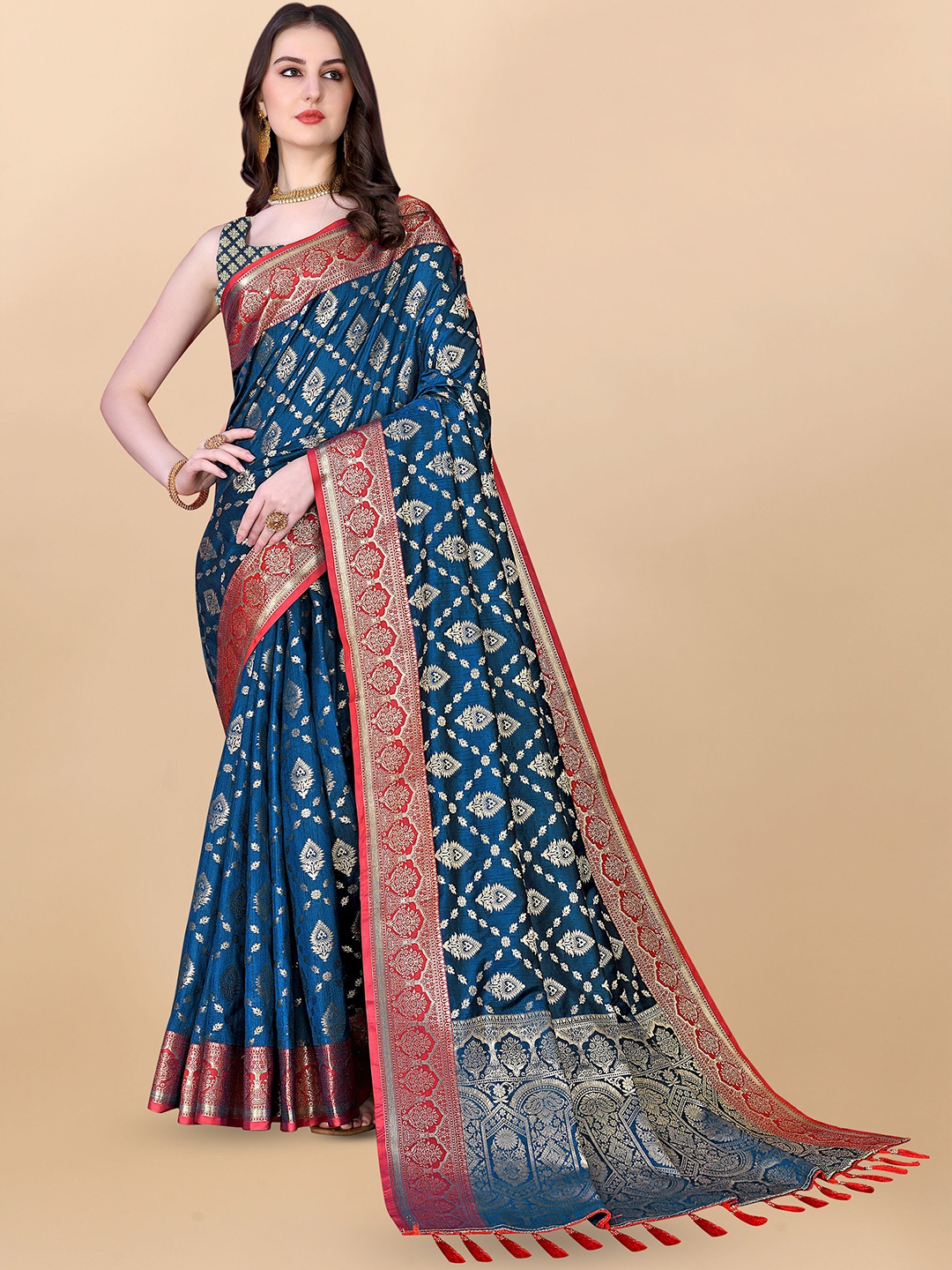 

Ekta Textiles Ethnic Motifs Woven Design Zari Banarasi Pure Silk Saree, Navy blue