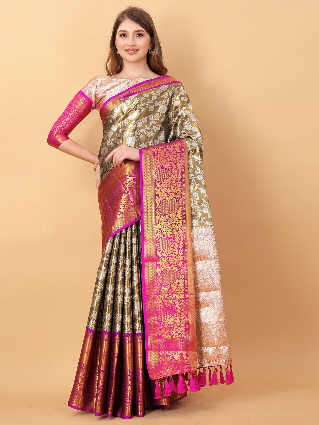 

Ekta Textiles Ethnic Motifs Woven Design Zari Pure Silk Kanjeevaram Saree, Olive