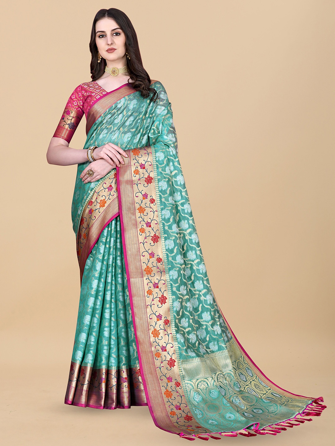 

Ekta Textiles Floral Woven Design Zari Pure Silk Banarasi Saree, Turquoise blue