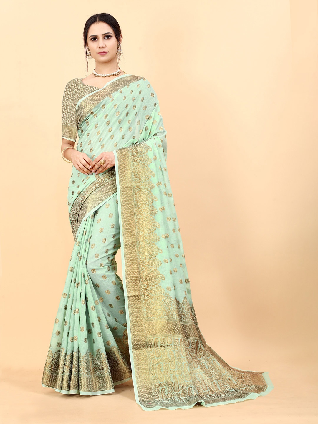 

Ekta Textiles Ethnic Motifs Woven Design Zari Pure Silk Banarasi Saree, Green