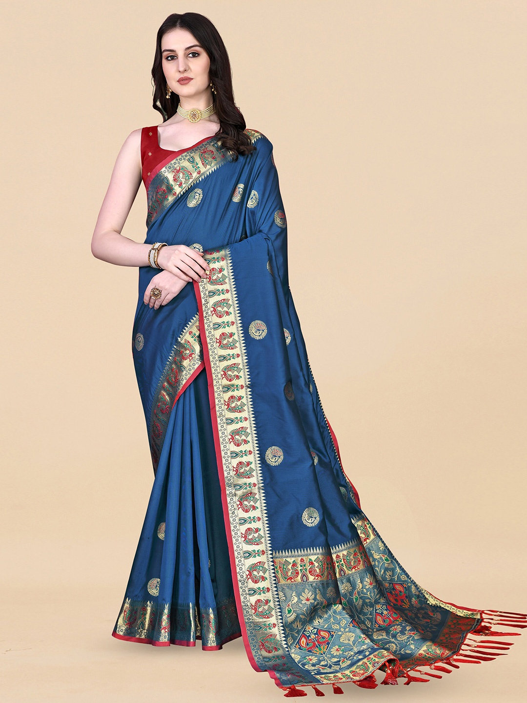 

Ekta Textiles Ethnic Motifs Woven Design Zari Banarasi Pure Silk Saree, Blue