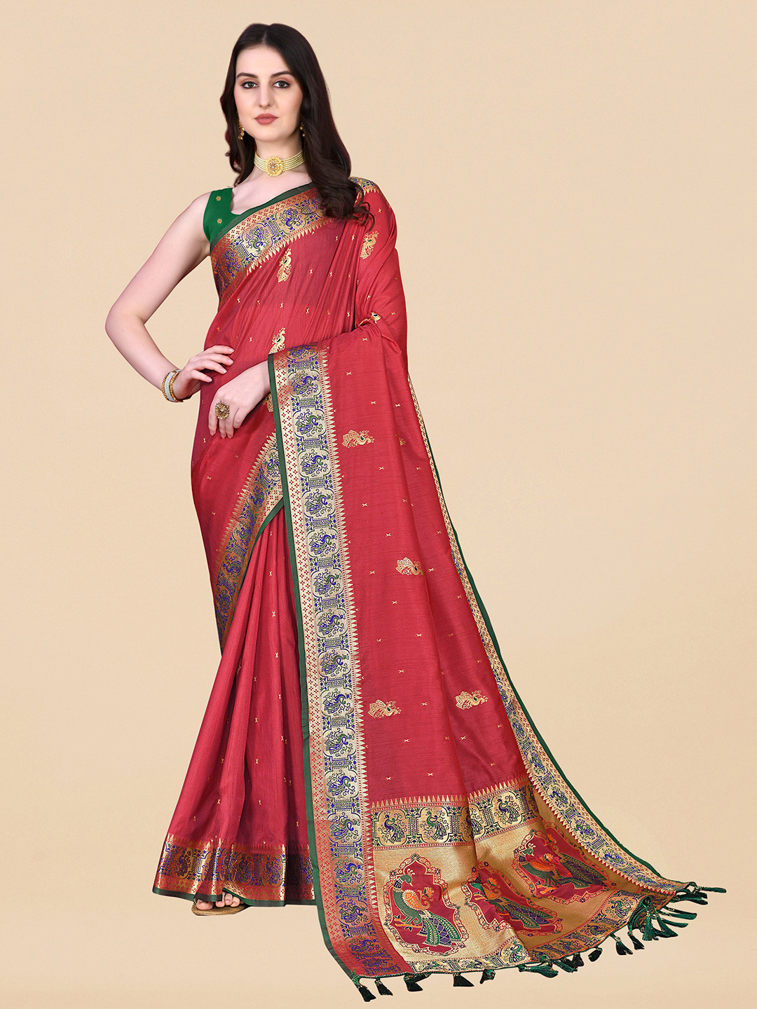 

Ekta Textiles Ethnic Motifs Woven Design Zari Pure Silk Banarasi Saree, Red