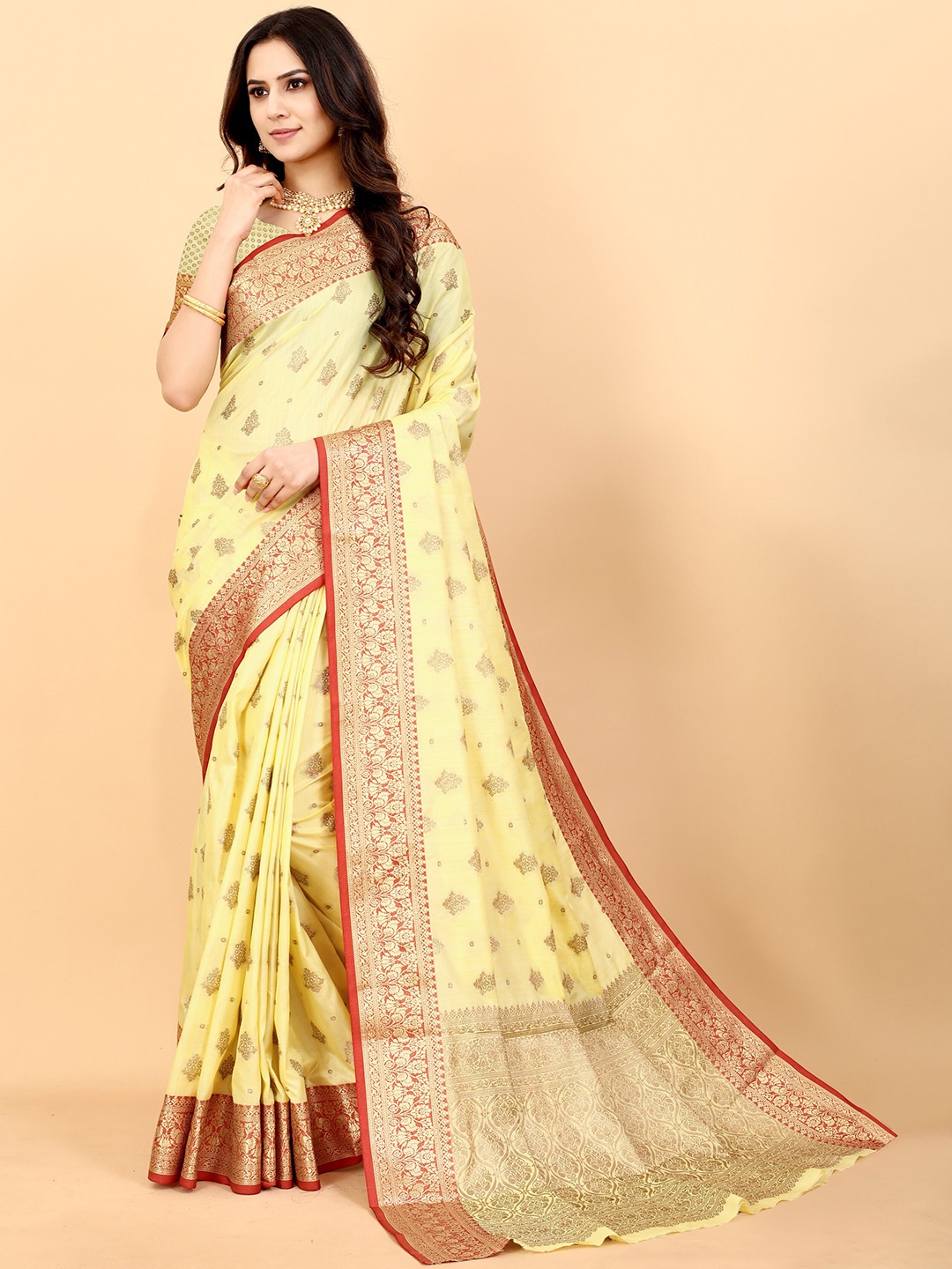 

Ekta Textiles Ethnic Motifs Woven Design Zari Banarasi Pure Silk Saree, Yellow