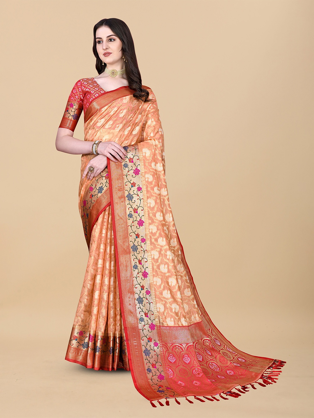 

Ekta Textiles Ethnic Motifs Woven Design Zari Pure Silk Banarasi Saree, Peach