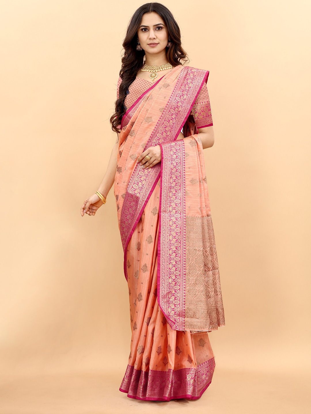 

Ekta Textiles Ethnic Motifs Woven Design Zari Pure Silk Banarasi Saree, Peach