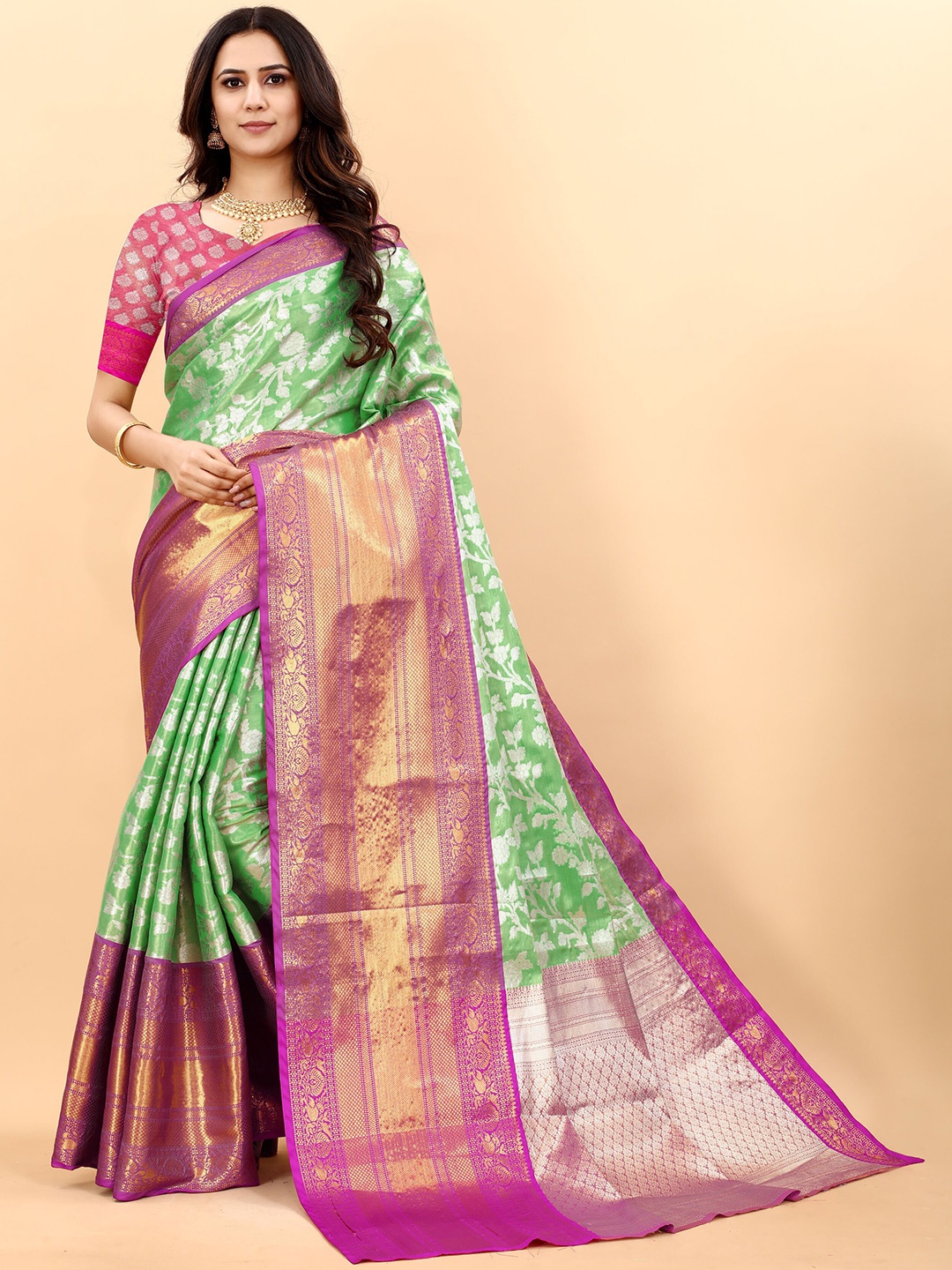 

Ekta Textiles Floral Woven Design Zari Pure Silk Banarasi Saree, Green