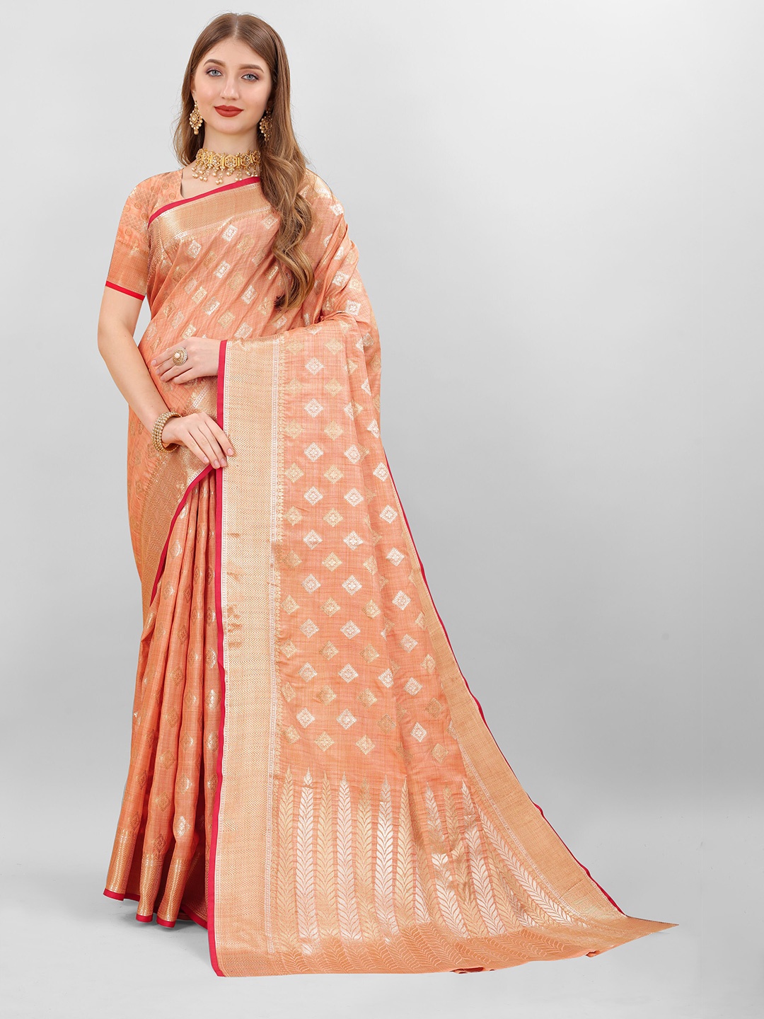 

Ekta Textiles Ethnic Motifs Woven Design Zari Pure Silk Banarasi Saree, Peach