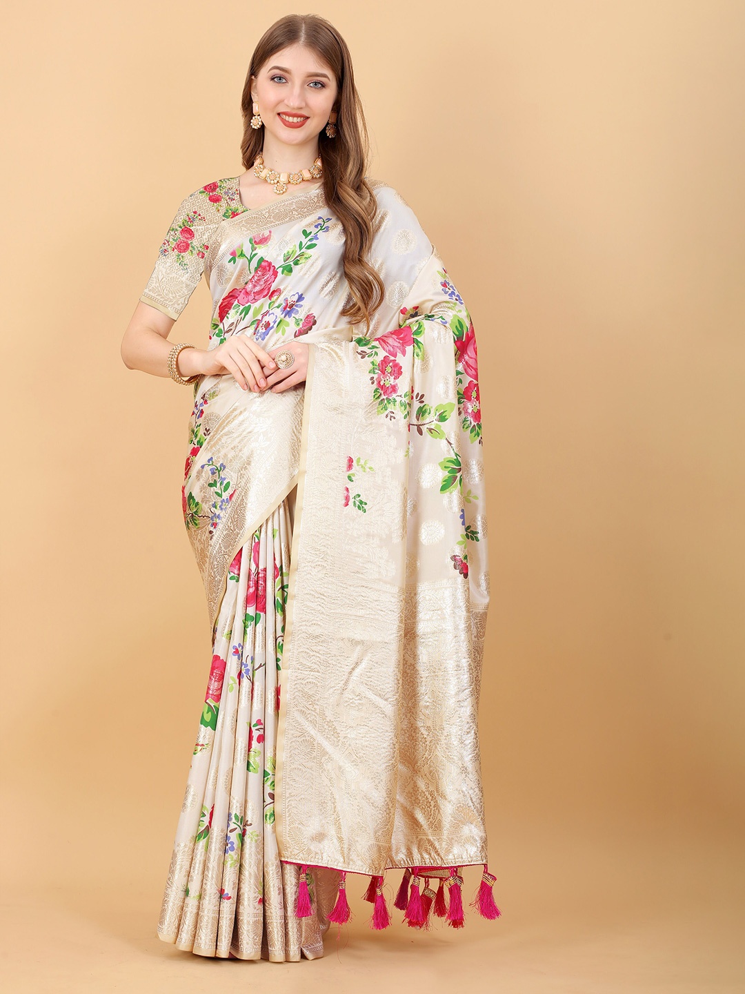 

Ekta Textiles Floral Woven Design Zari Pure Silk Banarasi Saree, Beige