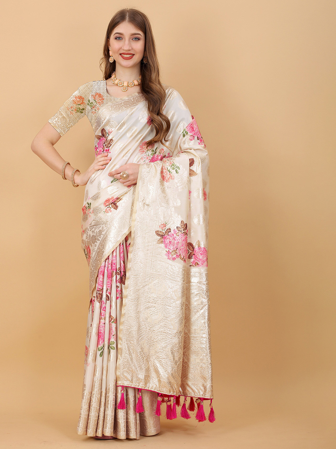 

Ekta Textiles Sea Floral Woven Design Zari Pure Silk Banarasi Saree, Sea green