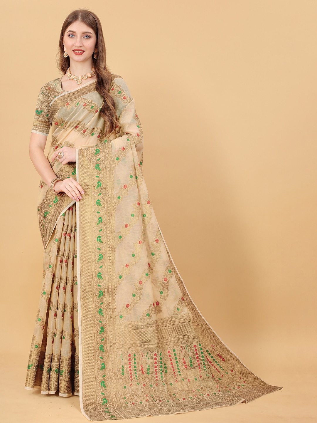 

Ekta Textiles Floral Woven Design Zari Pure Silk Banarasi Saree, Beige