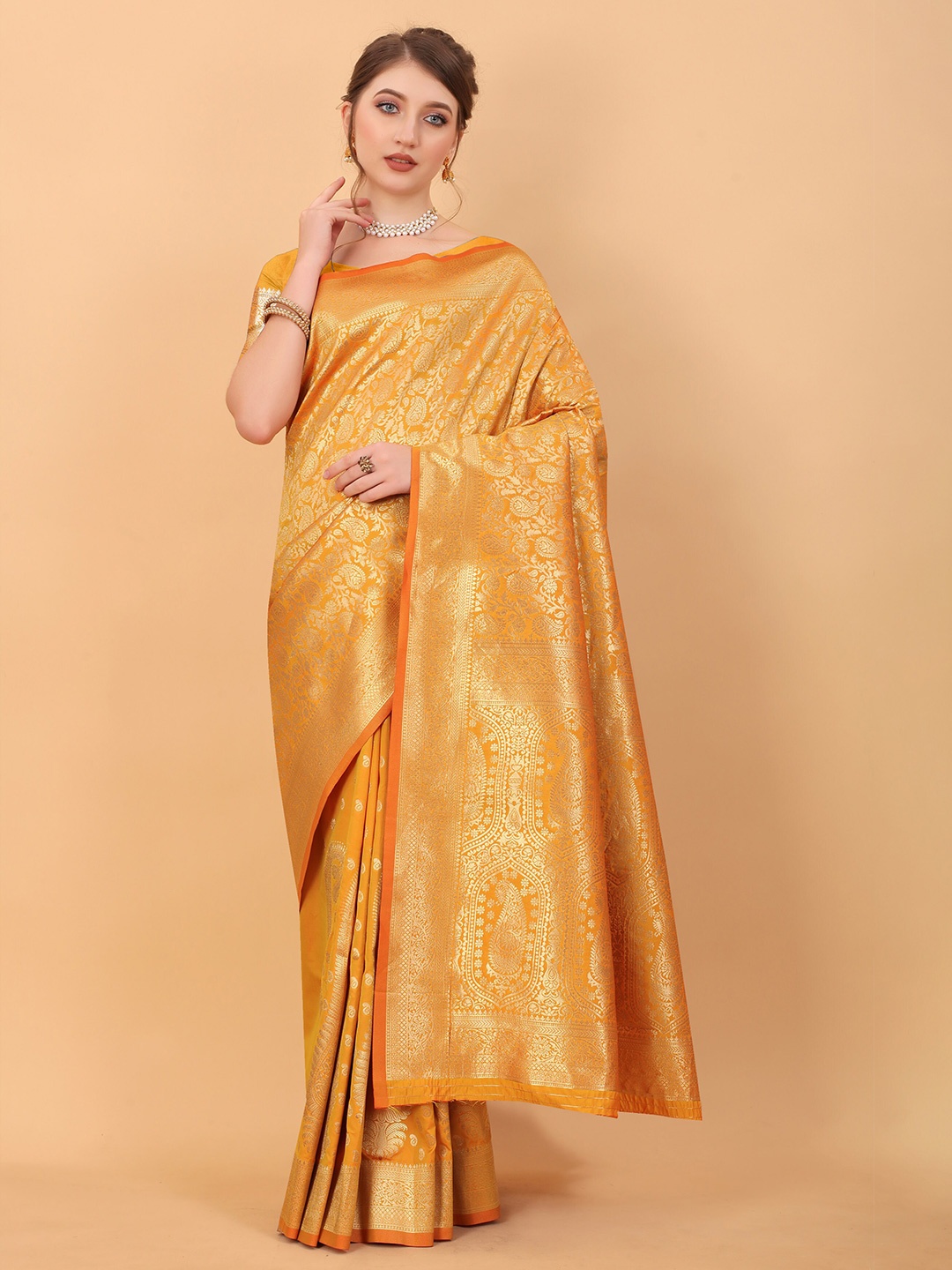 

Ekta Textiles Ethnic Motifs Woven Design Zari Pure Silk Kanjeevaram Saree, Yellow