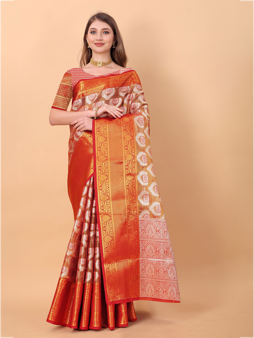

Ekta Textiles Ethnic Motifs Woven Design Zari Pure Silk Banarasi Saree, Orange